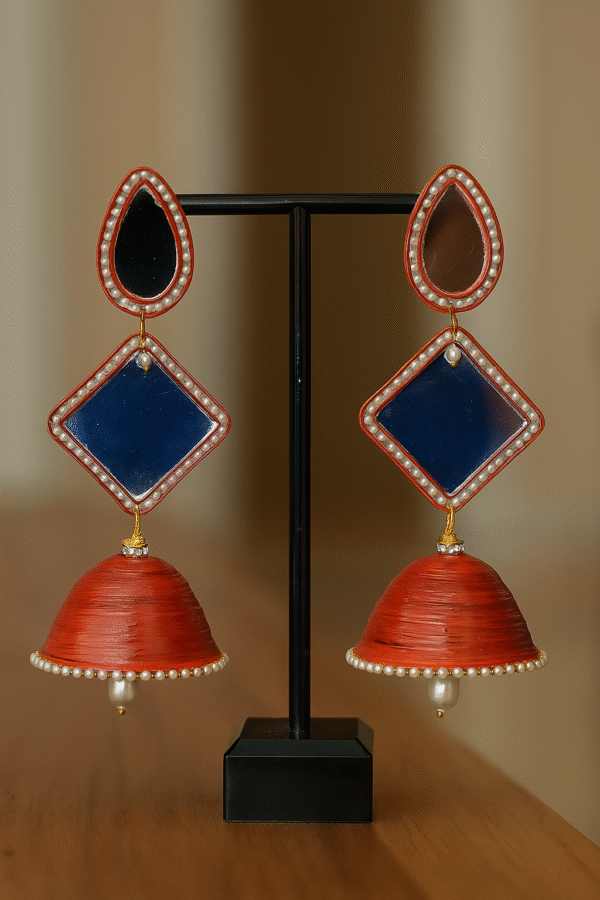Brick Red 3-Layered Jhumka with Mirror and Pearl Latkan