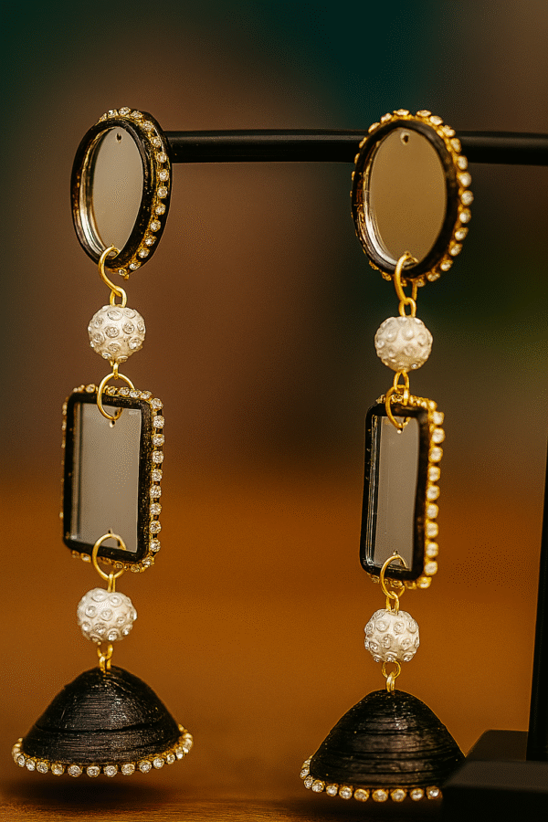 Mirror Long Black Jhumki || Size: 10cm*3.5cm*3.5cm - Image 3