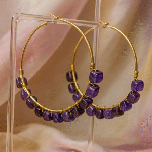 Cube Natural Stones Loop and Hoop Earrings - Dark Mauve || Size: 8 cm Dia