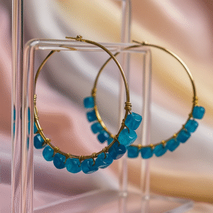 Cube Natural Stones Loop and Hoop Earrings - Cerulean Blue || Size: 8 cm Dia